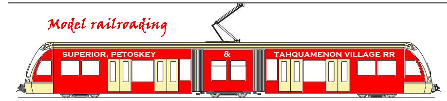 streetcar with name Superior, Petoskey & Tahquamenon Village RR on the side, page title: SP&TV railroad