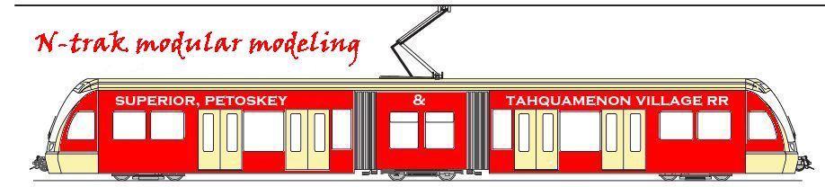 streetcar with name Superior, Petoskey & Tahquamenon Village RR on the side, page title: N-trak modular modeling