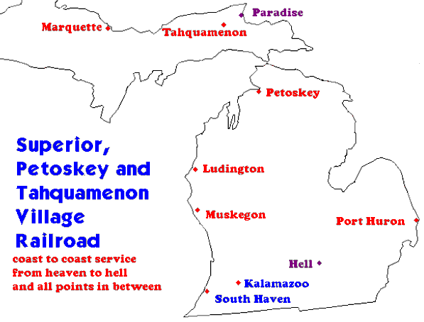 Map of Michigan wih primary service points including Hell, Paradise, Kalamazoo, South Haven