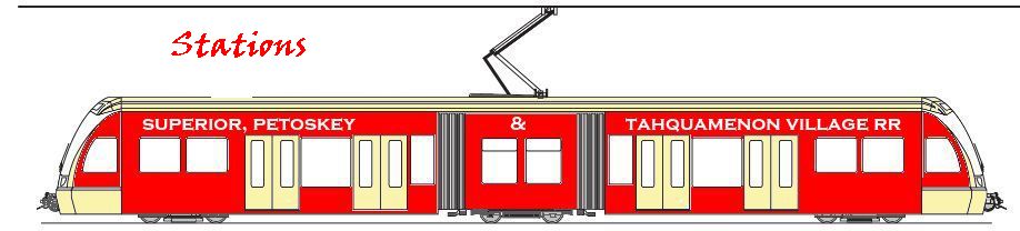 streetcar with name Superior, Petoskey & Tahquamenon Village RR on the side, page title: stations